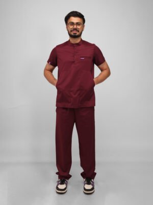 Maroon Mandarin Collar Short Sleeve Scrub Set