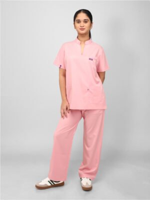 Pink Mandarin Collar Short Sleeve Scrub Set